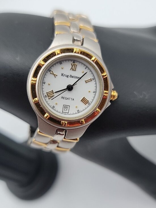 Vtg Krug-Baümen Regatta Ladies Watch Two-Tone 18k Gold Plated Date Quartz 6.5\